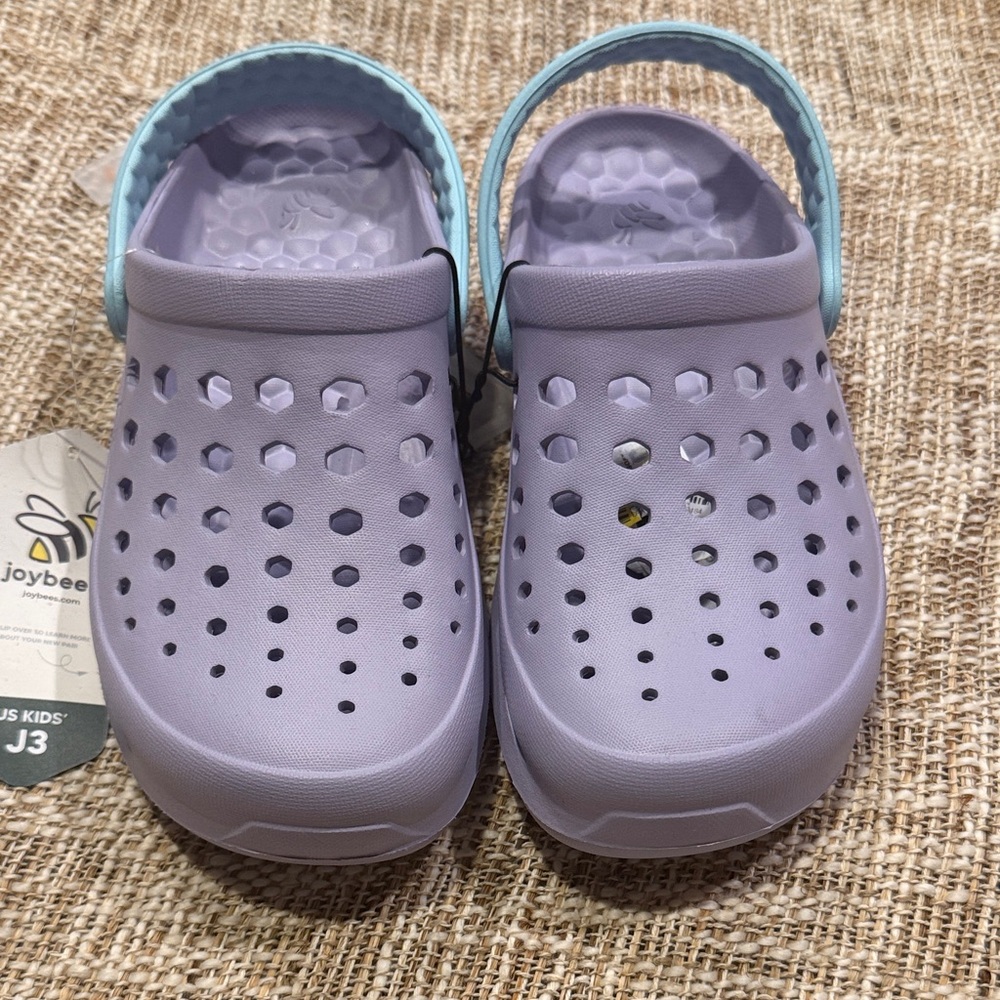 Joybee Kids' Lavender Slip-On Clogs with Aqua Heel Strap.